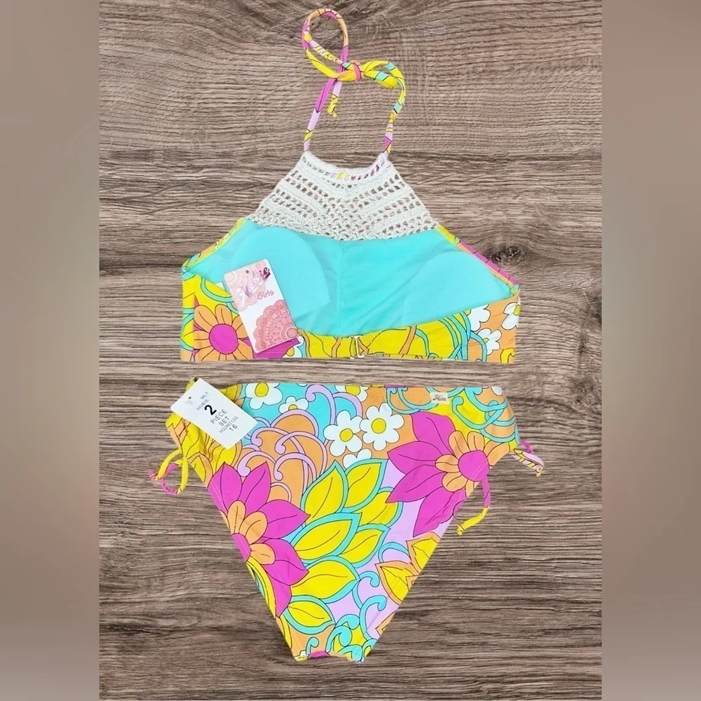 Hobie Girl Woodstock Floral Crochet High Neck 2-Pc Swimsuit Girl Sz: 16 NWT